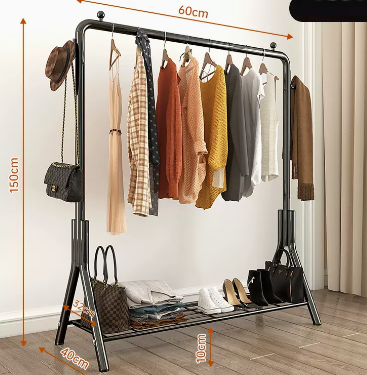 Popular household indoor floor-standing clothes hanger (black) (size: 60*150*40CM)