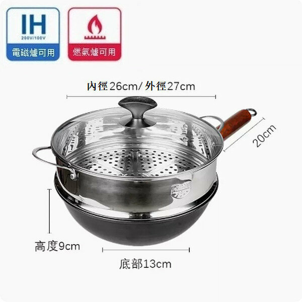 Popular uncoated lightweight mini pan [honeycomb iron pan 26cm + lid + steamer]