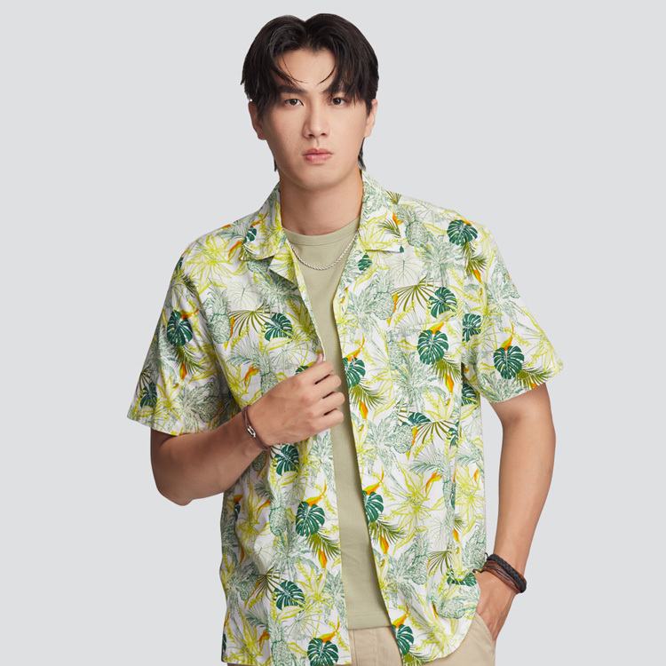 古巴領短袖花襯衫-白