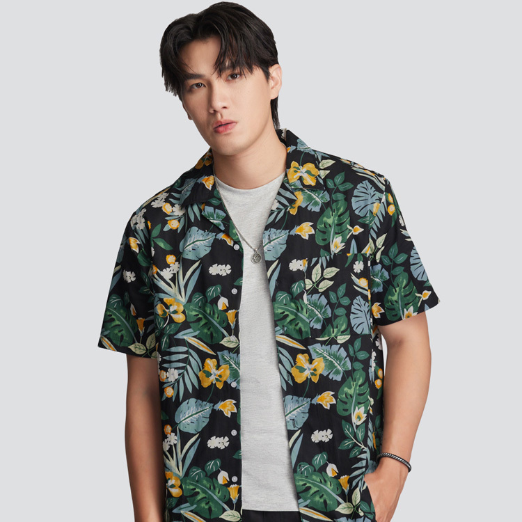 古巴領短袖花襯衫-黑