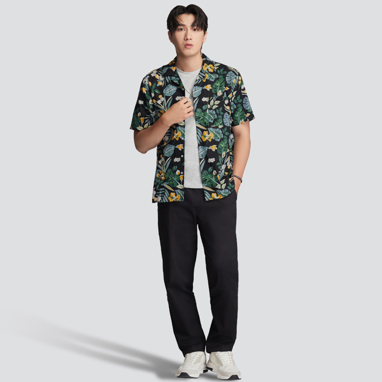 古巴領短袖花襯衫-黑