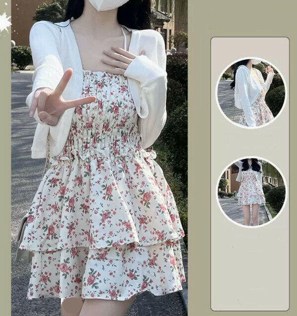 熱賣溫柔甜美碎花連衣裙#單件(白色)【M-4XL碼】【下單後聯系客服確認尺碼】