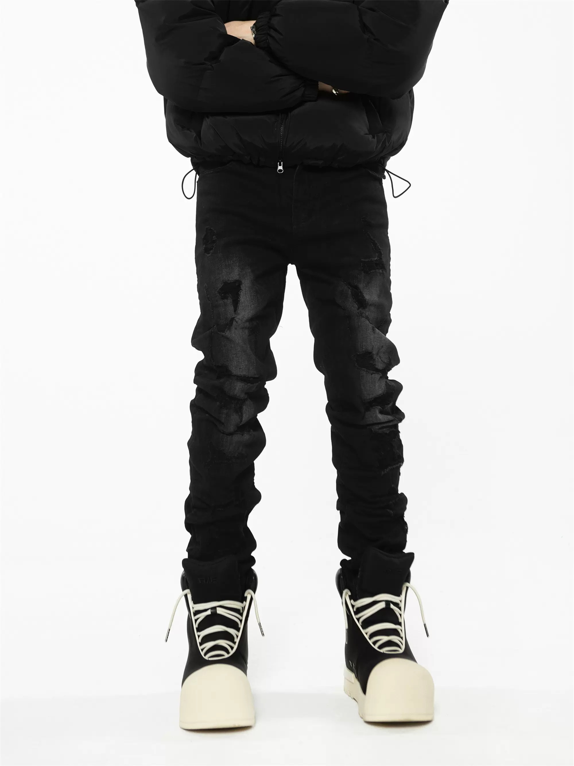 ROCKSTA 男款 水洗黑灰色 重工 緊身破壞牛仔長褲