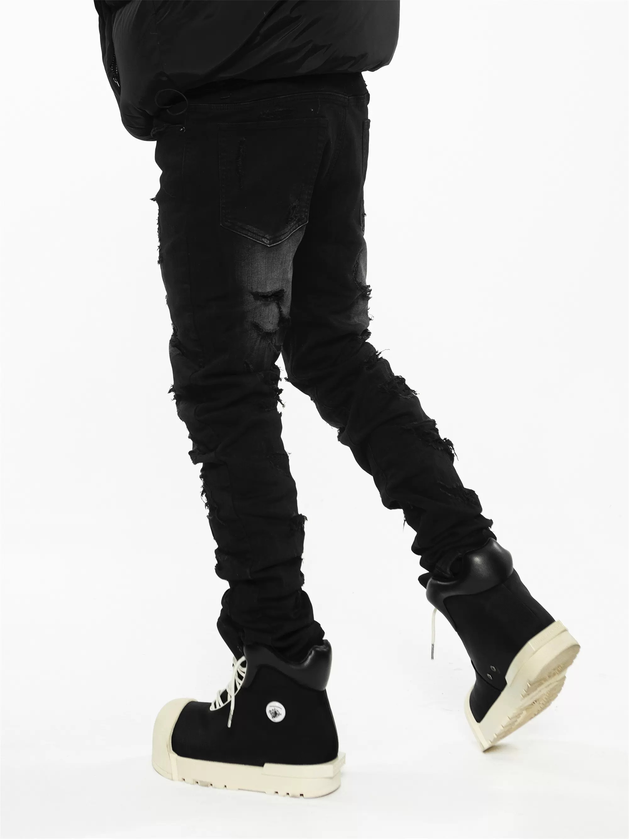 ROCKSTA 男款 水洗黑灰色 重工 緊身破壞牛仔長褲