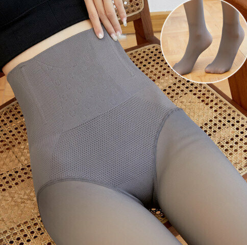 【1 pair】Women's autumn and winter wear velvet belly and hip pants (fishbone high-waisted gray translucent legs)