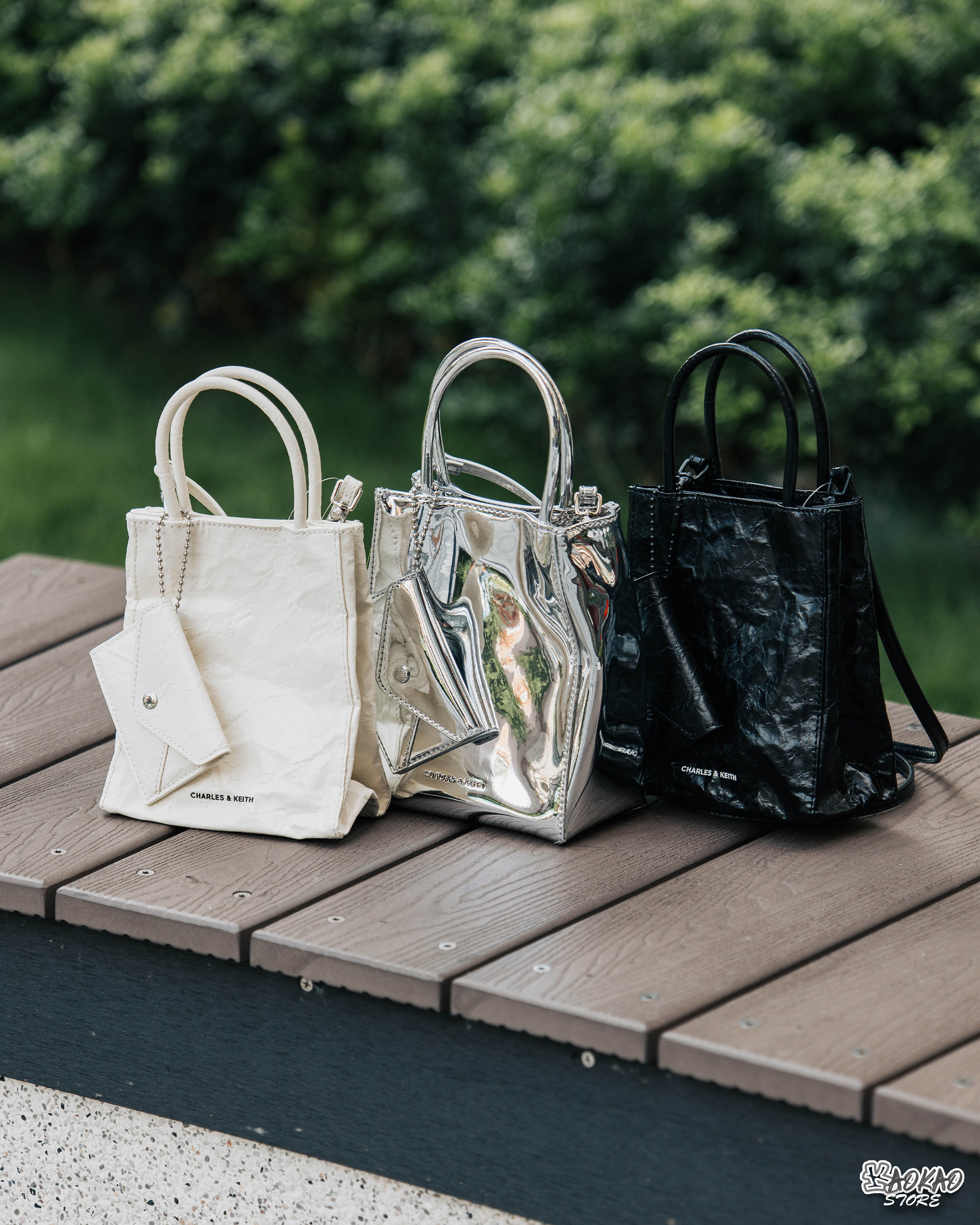 Charles&Keith 皺褶手提包 小包 側背包 黑 奶油 銀 小CK CK