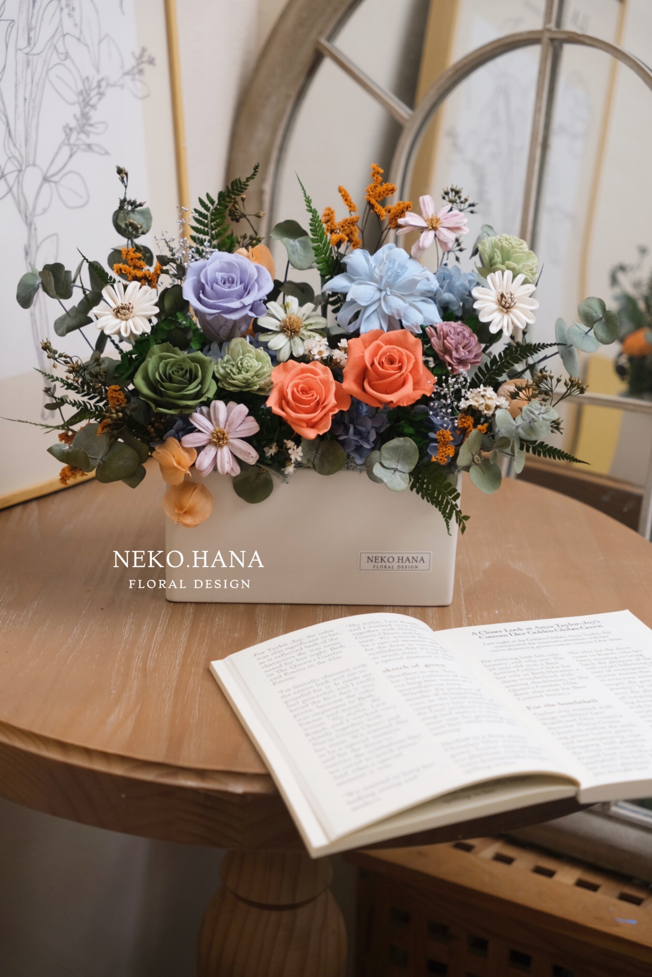 粉橘色長型永生桌花