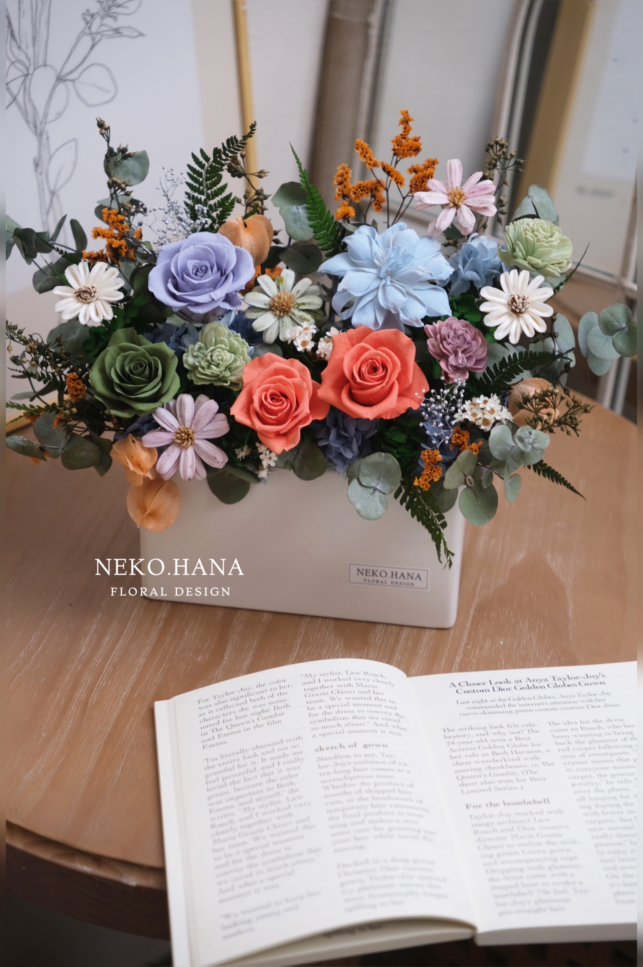 粉橘色長型永生桌花