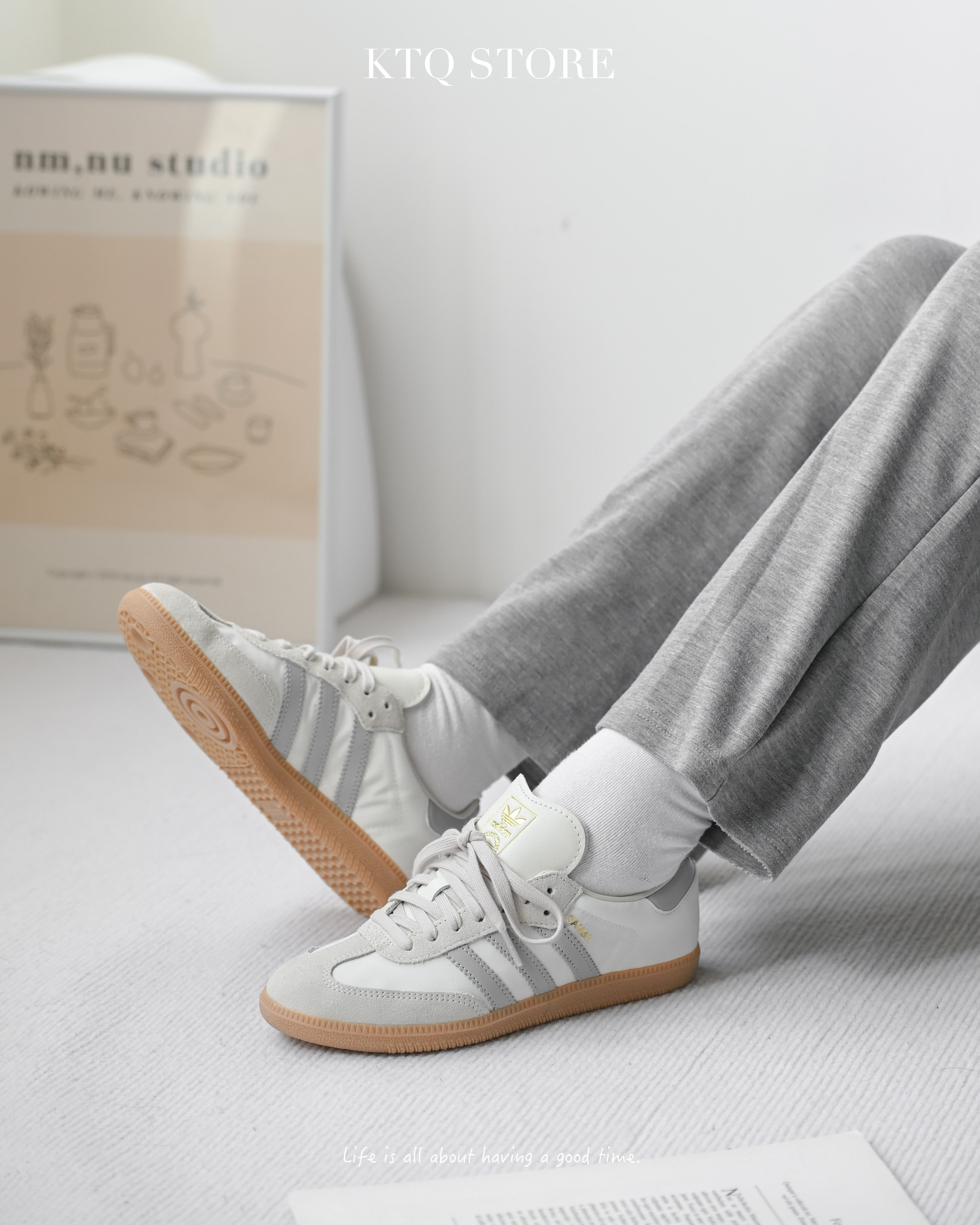 KTQ STORE ‧ ADIDAS SAMBA OG 絲綢布面奶油白灰淺灰米色焦糖底 ID1448