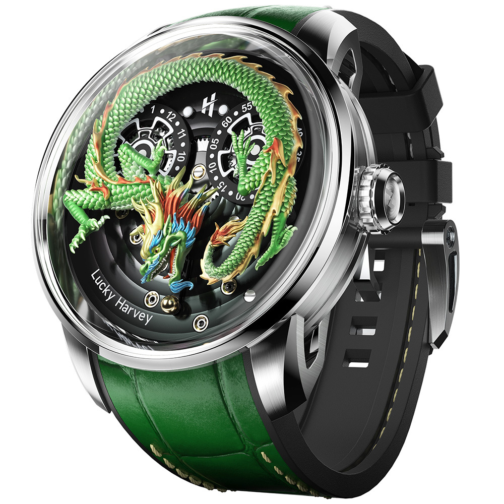 【Lucky Harvey 真樂時】 龍騰珠現 東方龍鏤空不鏽鋼皮革橡膠機械腕錶-青龍