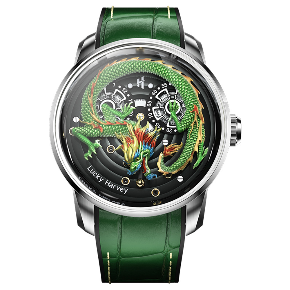 【Lucky Harvey 真樂時】 龍騰珠現 東方龍鏤空不鏽鋼皮革橡膠機械腕錶-青龍