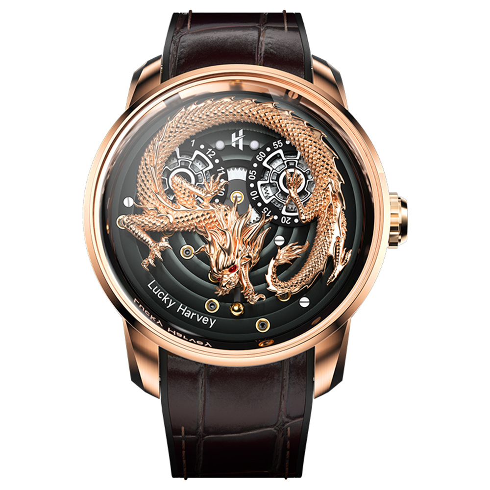 【Lucky Harvey 真樂時】 龍騰珠現 東方龍鏤空不鏽鋼皮革橡膠機械腕錶-金龍(動態機械錶)