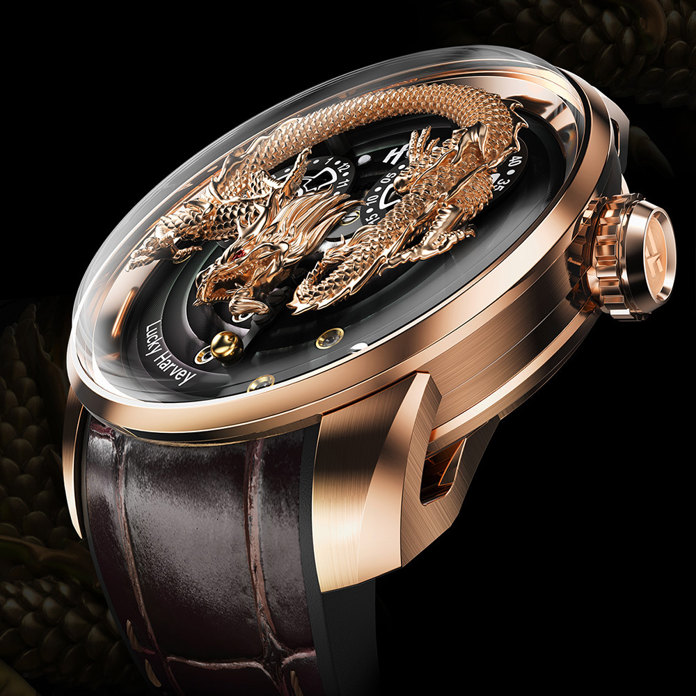 預購款【Lucky Harvey 真樂時】 龍騰珠現 東方龍鏤空不鏽鋼皮革橡膠機械腕錶-金龍(動態機械錶)