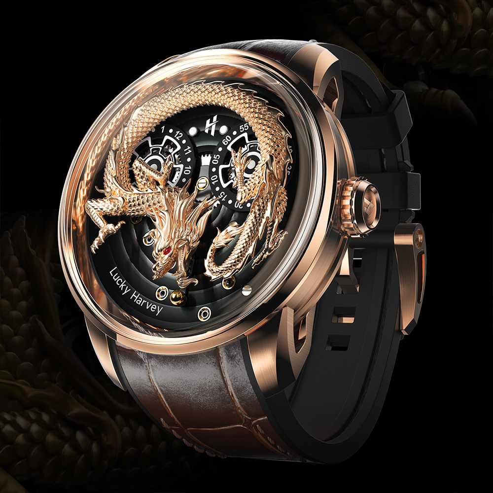 【Lucky Harvey 真樂時】 龍騰珠現 東方龍鏤空不鏽鋼皮革橡膠機械腕錶-金龍(動態機械錶)