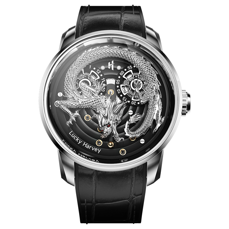 (預購)【Lucky Harvey 真樂時】 龍騰珠現 東方龍鏤空不鏽鋼皮革橡膠機械腕錶-銀龍