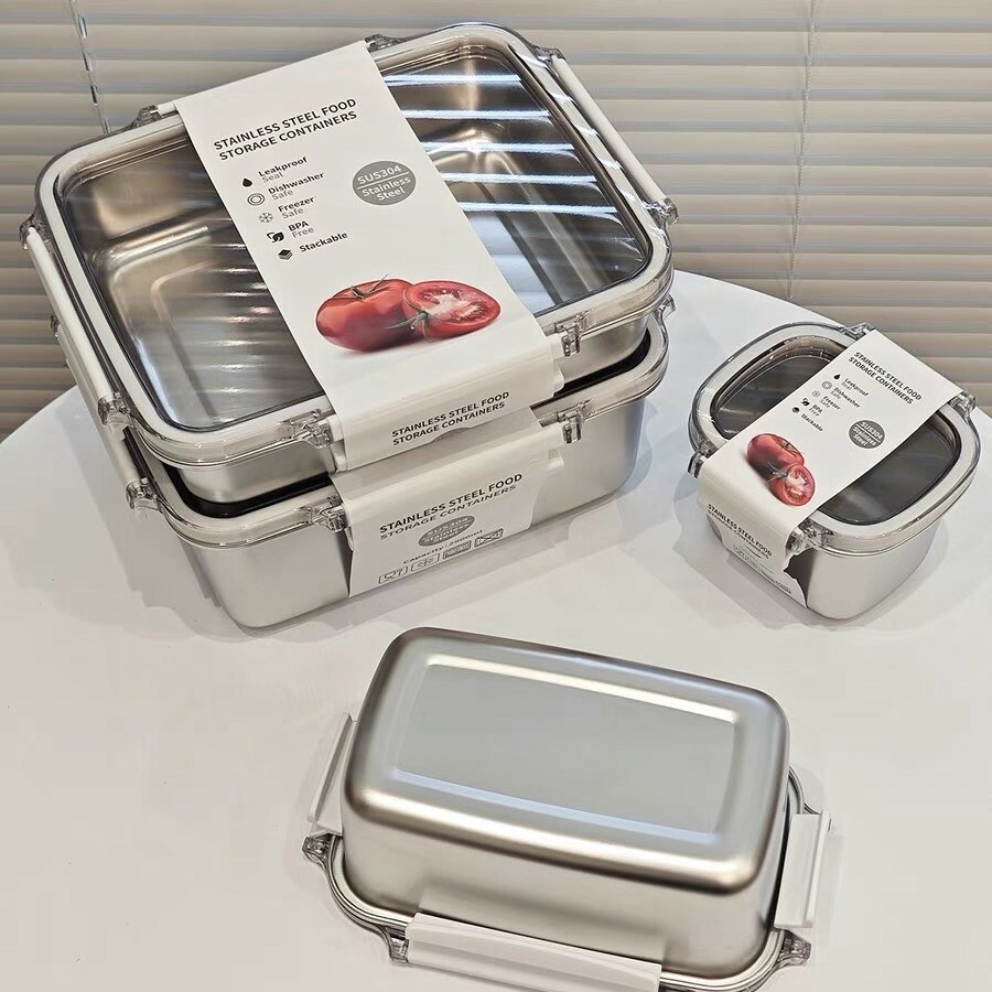 《4497》可微波加熱帶蓋304不鏽鋼保鮮密封收納盒