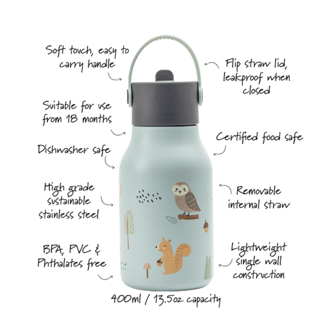 Little Lund 兒童不鏽鋼飲管水樽- 400毫升 - 森林（淺藍色）
