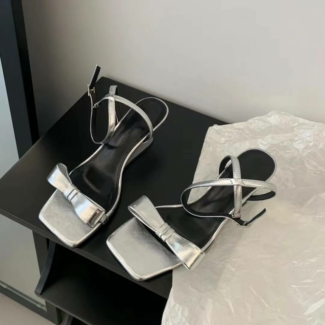 復古蝴蝶結方頭低跟涼鞋