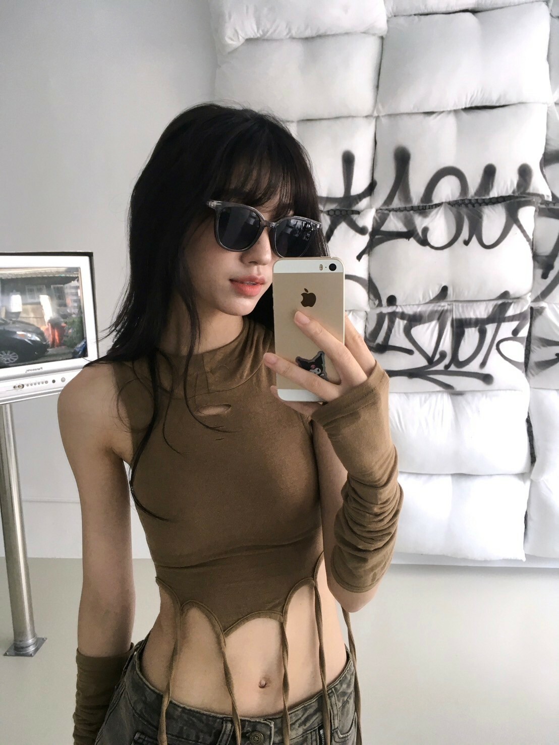 時髦精の透灰色方形墨鏡 （附盒）