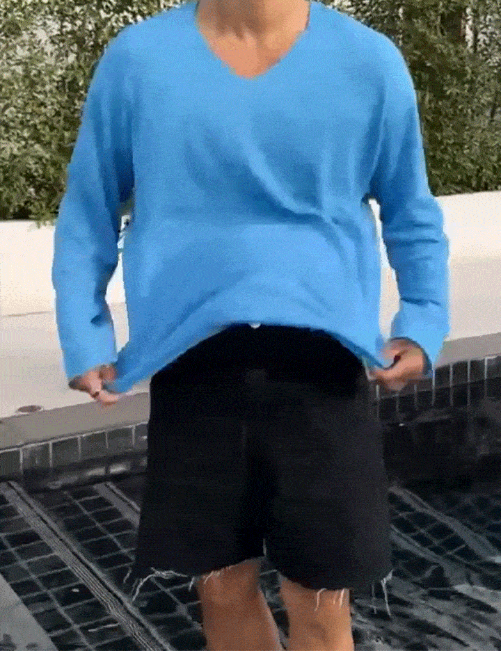 亞麻V領剪邊長袖T恤