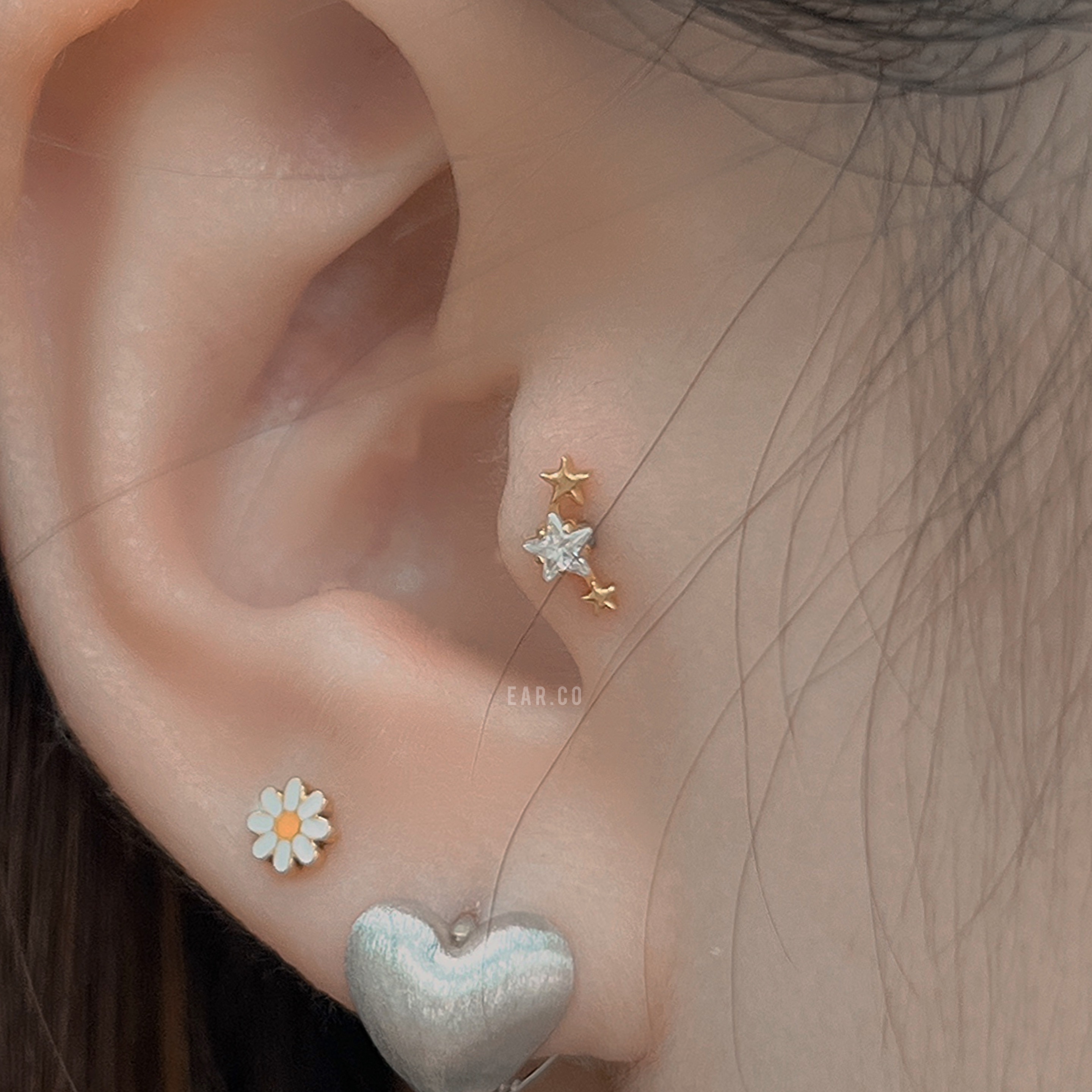 三連小星星閃石平頭耳門/耳珠/耳骨釘 [G23 Titanium]