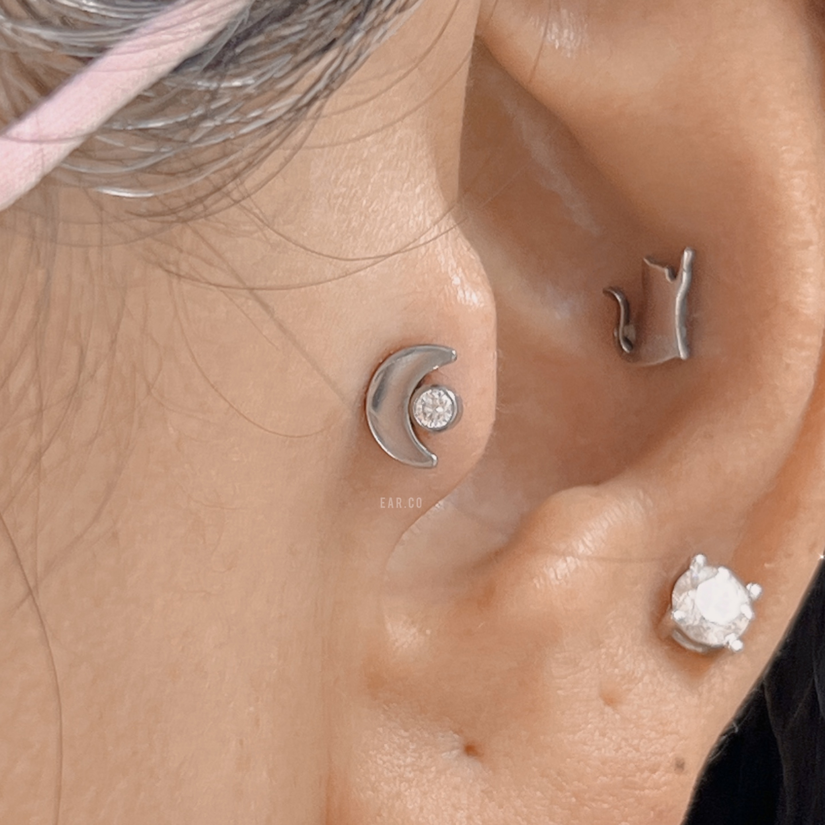 月亮閃石平頭耳門/耳珠/耳骨釘 [G23 Titanium]