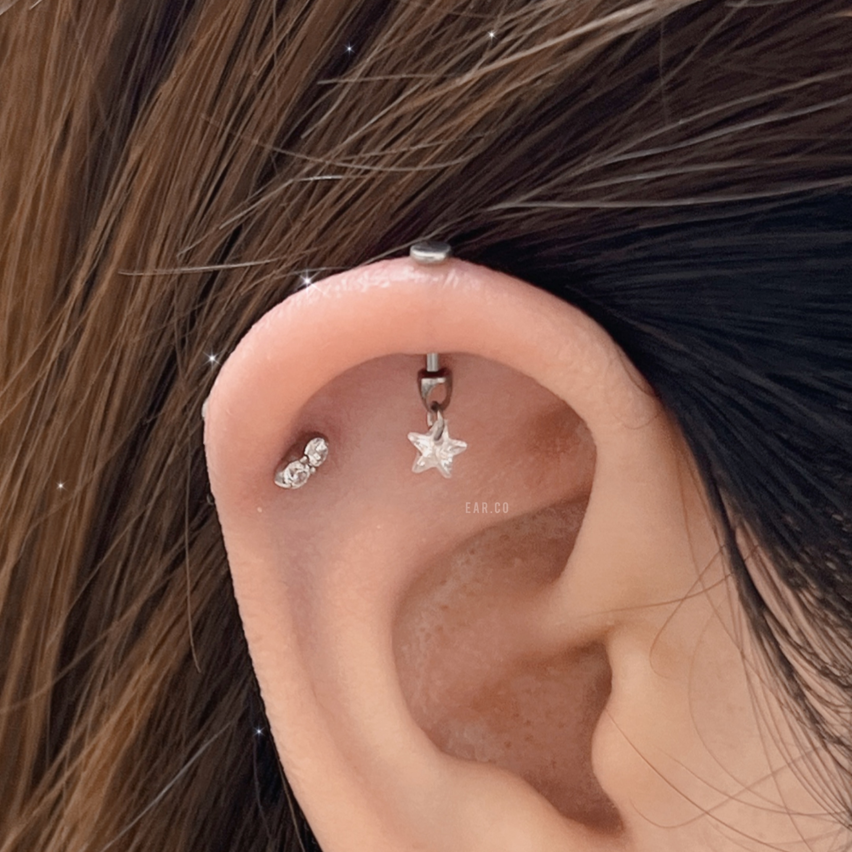 垂釣閃石小星星平頭耳門/耳珠/耳骨釘 [G23 Titanium]