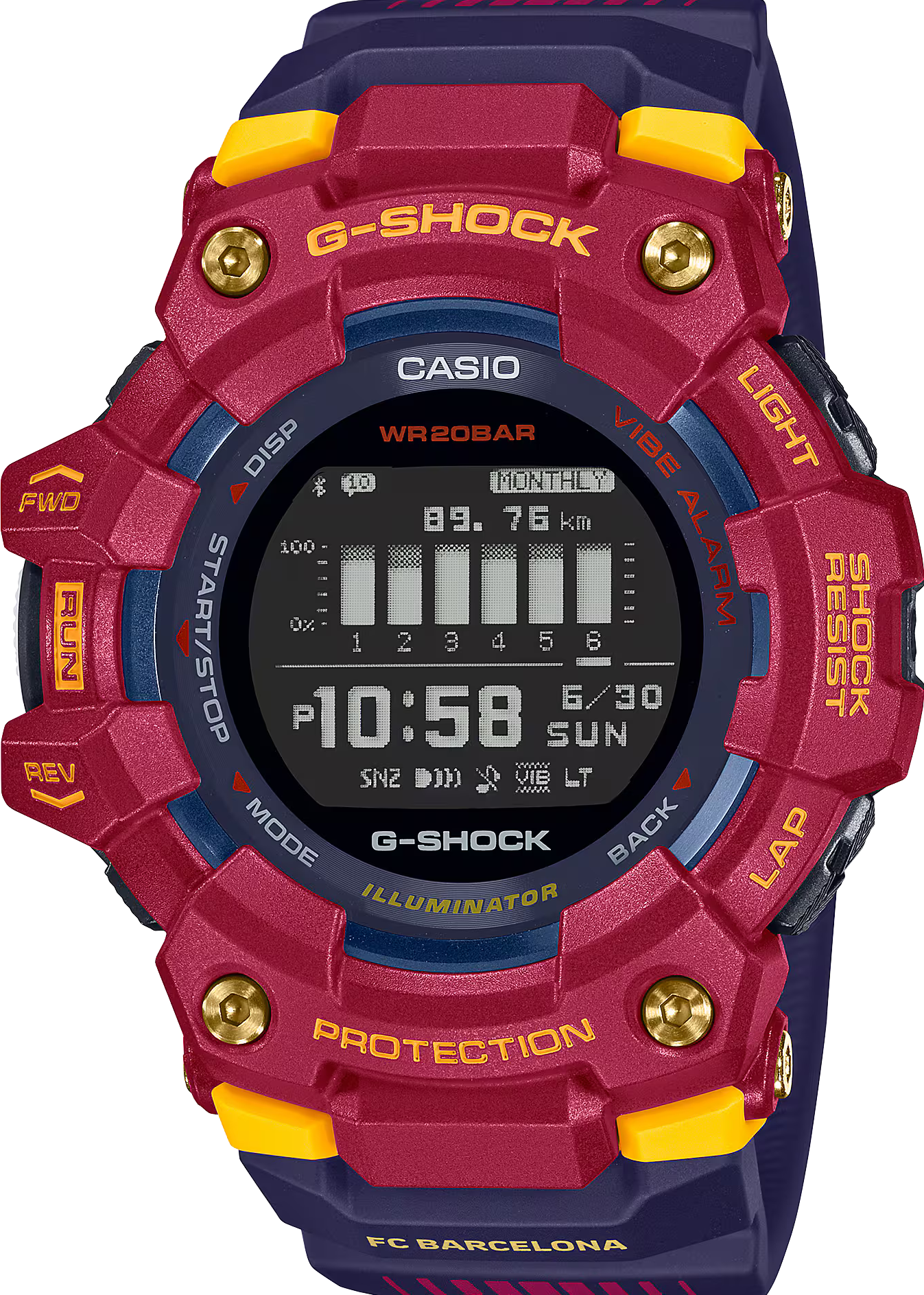 萬年鐘錶 - G-SHOCK  G-SQUAD 系列  西班牙足球限定色-藍芽強悍智能運動訓練腕錶  GBD-100BAR-4 錶徑 : 49.3MM