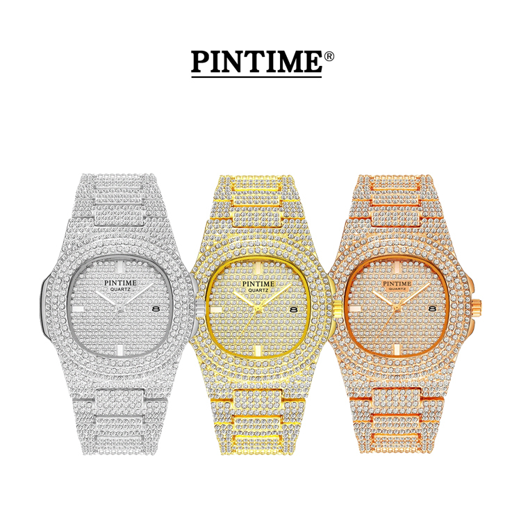 【PINTIME 保時】晶鑽錶圈 帶日期 不鏽鋼全鑽夜光腕錶