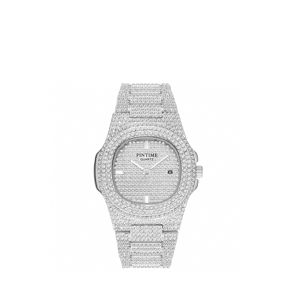 【PINTIME 保時】晶鑽錶圈 帶日期 不鏽鋼全鑽夜光腕錶