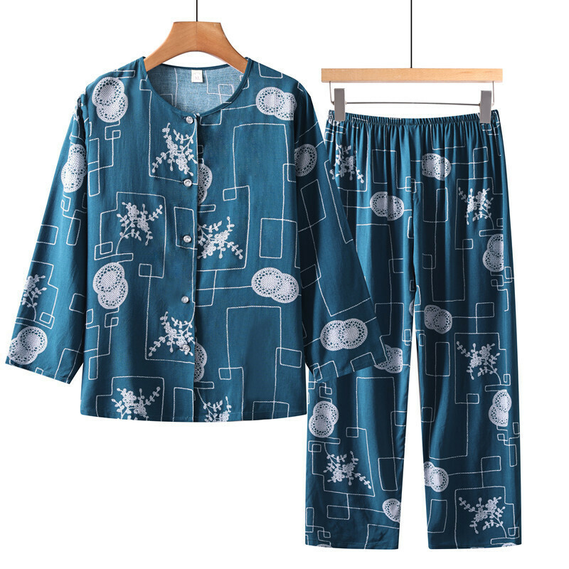 Elderly Long Sleeve Set (XL-5XL Size Lake Blue Line) [Please contact customer service to confirm the shipping size after placing an order]
