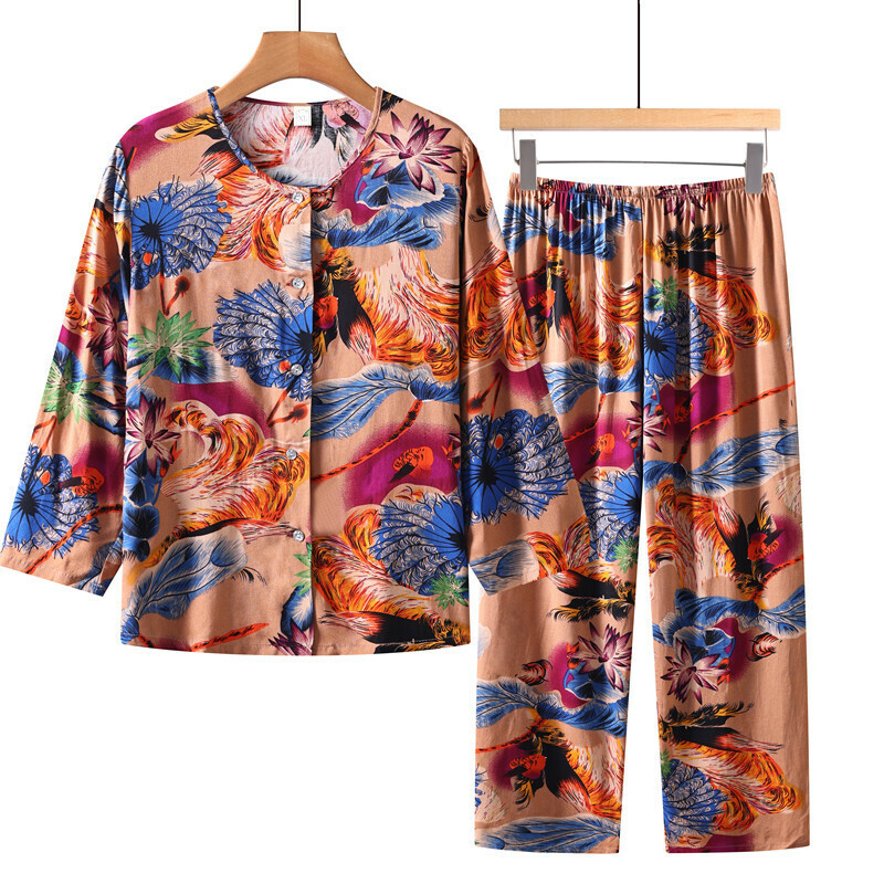 Long sleeve suit for the elderly (XL-5XL golden peacock flower) [Please contact customer service to confirm the shipping size after placing an order]