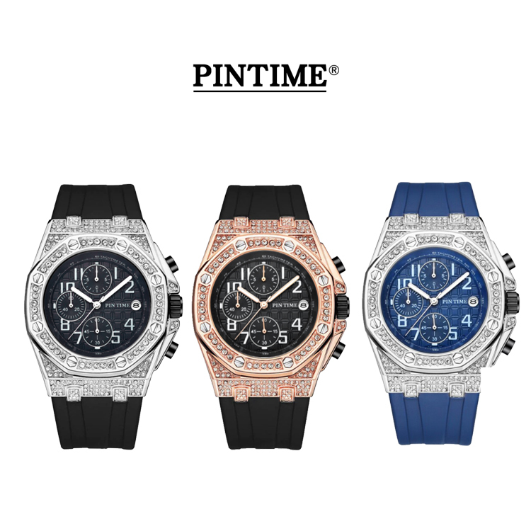 【PINTIME 保時】皇家橡樹款 晶鑽錶殼 真三眼帶日期 親膚矽膠 夜光腕錶