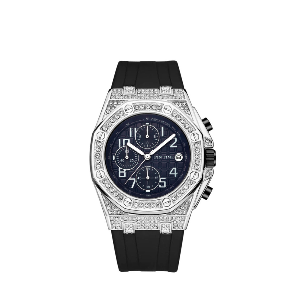 【PINTIME 保時】皇家橡樹款 晶鑽錶殼 真三眼帶日期 親膚矽膠 夜光腕錶