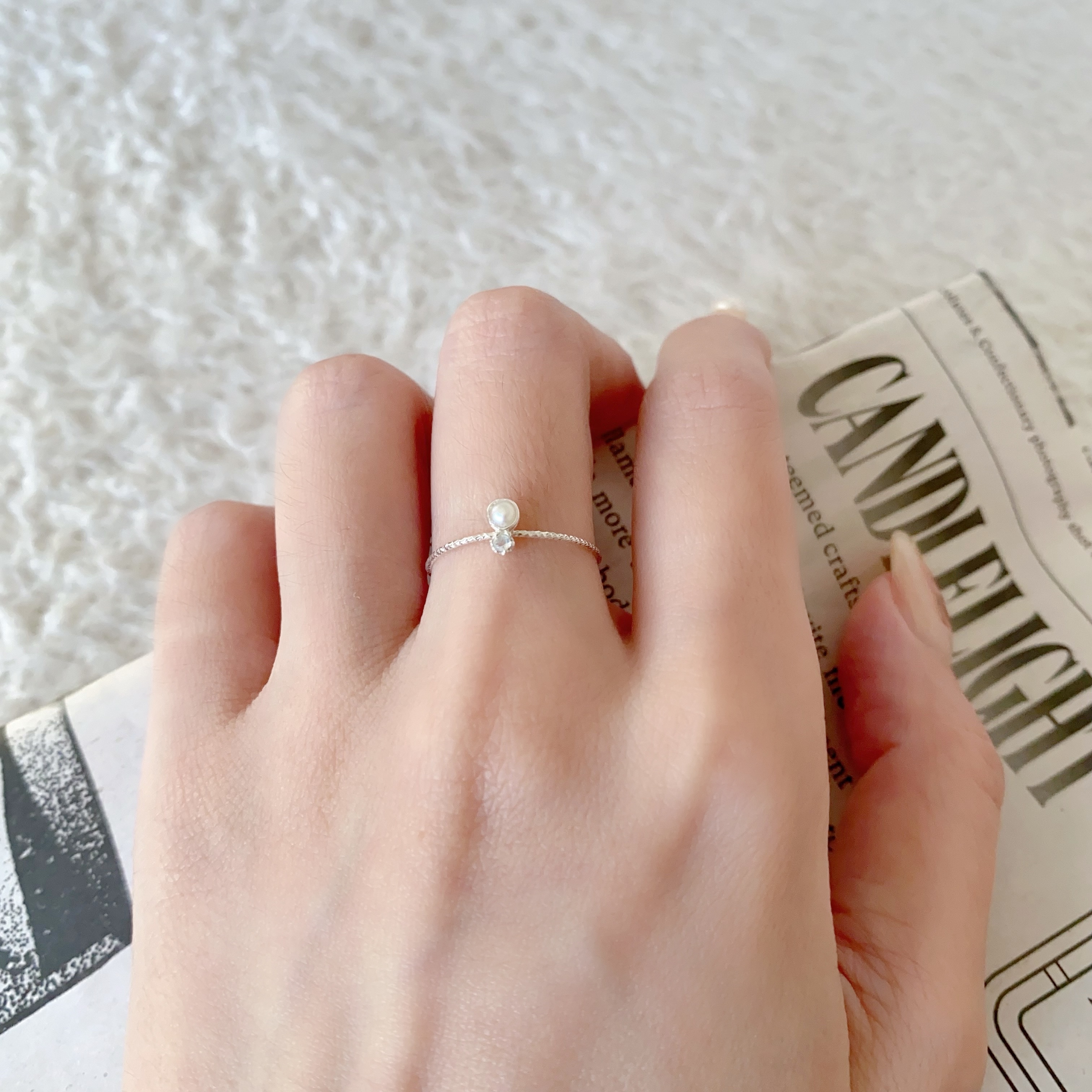 小圓珍珠月光石戒指