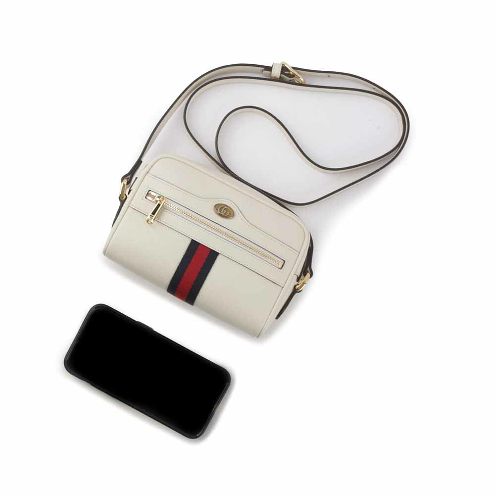 【GUCCI】GG Ophidia 藍紅織帶牛皮迷你斜背包(白色) 719885 DJ2DG 8454