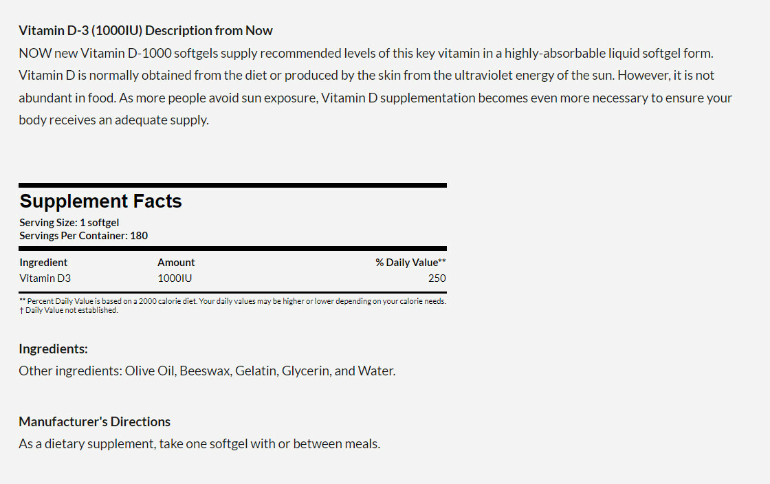[現貨] Now 維他命D3 1000IU 180粒 維生素/可搭配鈣片
