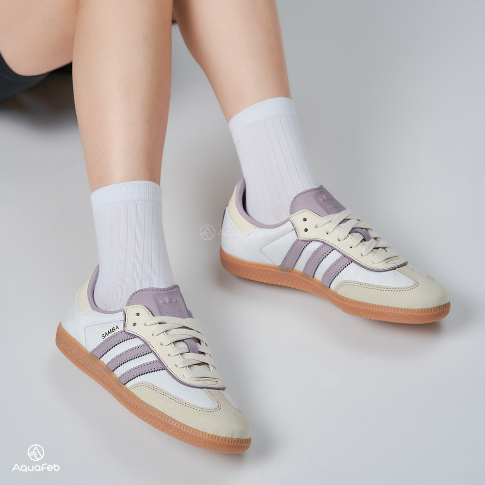 Adidas Samba OG W 女 奶油白紫 紫玉繡花 焦糖底 德訓鞋 三葉草 愛迪達 休閒鞋 IE1417