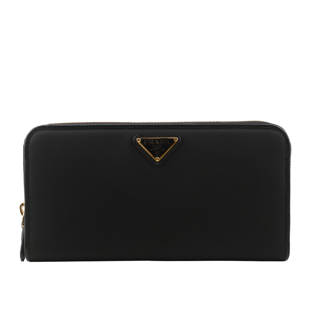 【Prada】金色三角牌Logo 尼龍ㄇ型拉鏈長夾