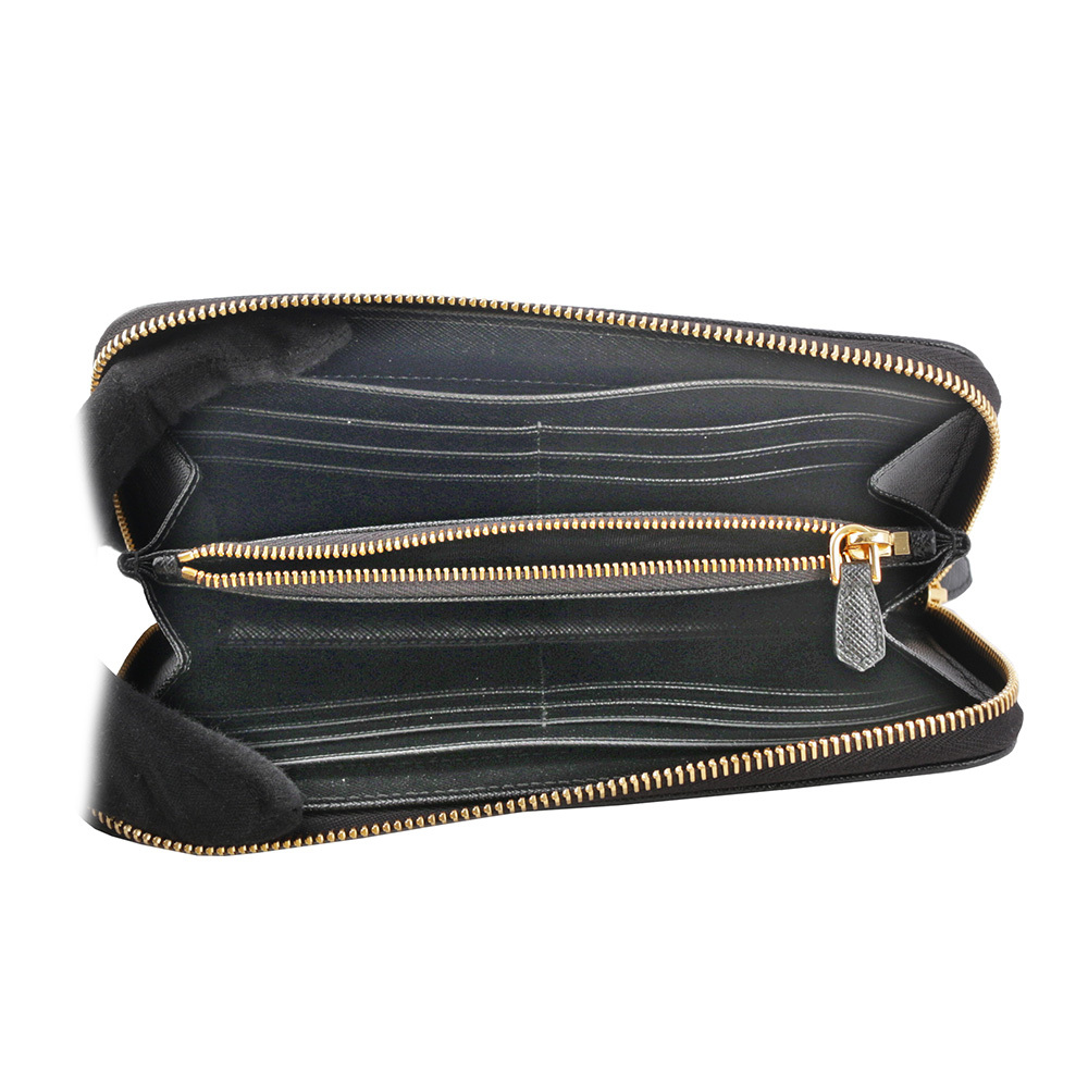 【PRADA】金色三角牌Logo 尼龍ㄇ型拉鏈長夾(黑色) 1ML506 UZ0 F0X3X