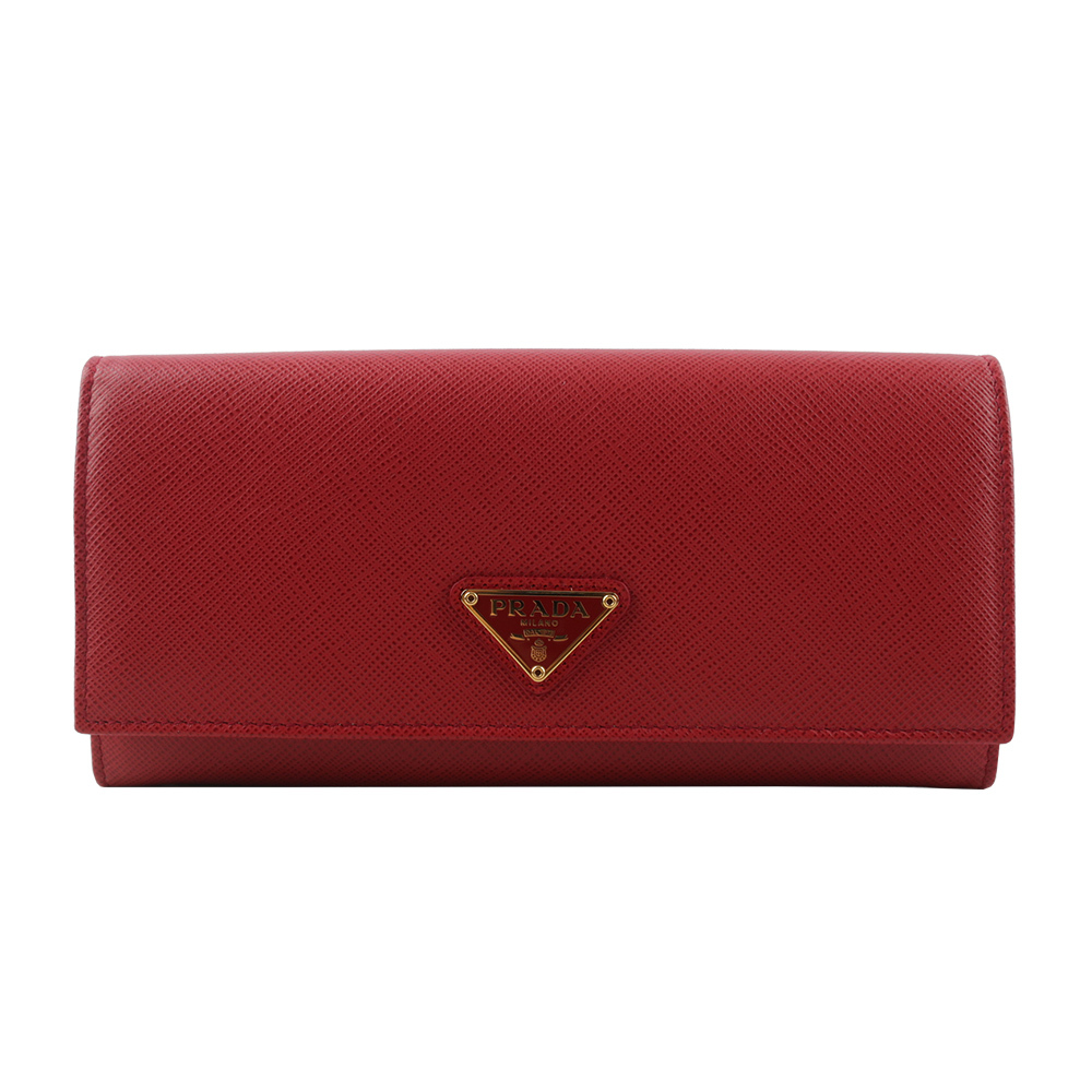 【PRADA】金字三角牌防刮牛皮雙釦對開長夾(火紅色) 1MH132 QHH F068Z