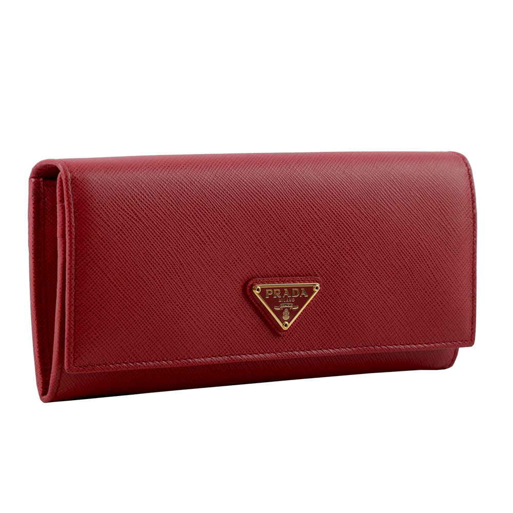 【PRADA】金字三角牌防刮牛皮雙釦對開長夾(火紅色) 1MH132 QHH F068Z