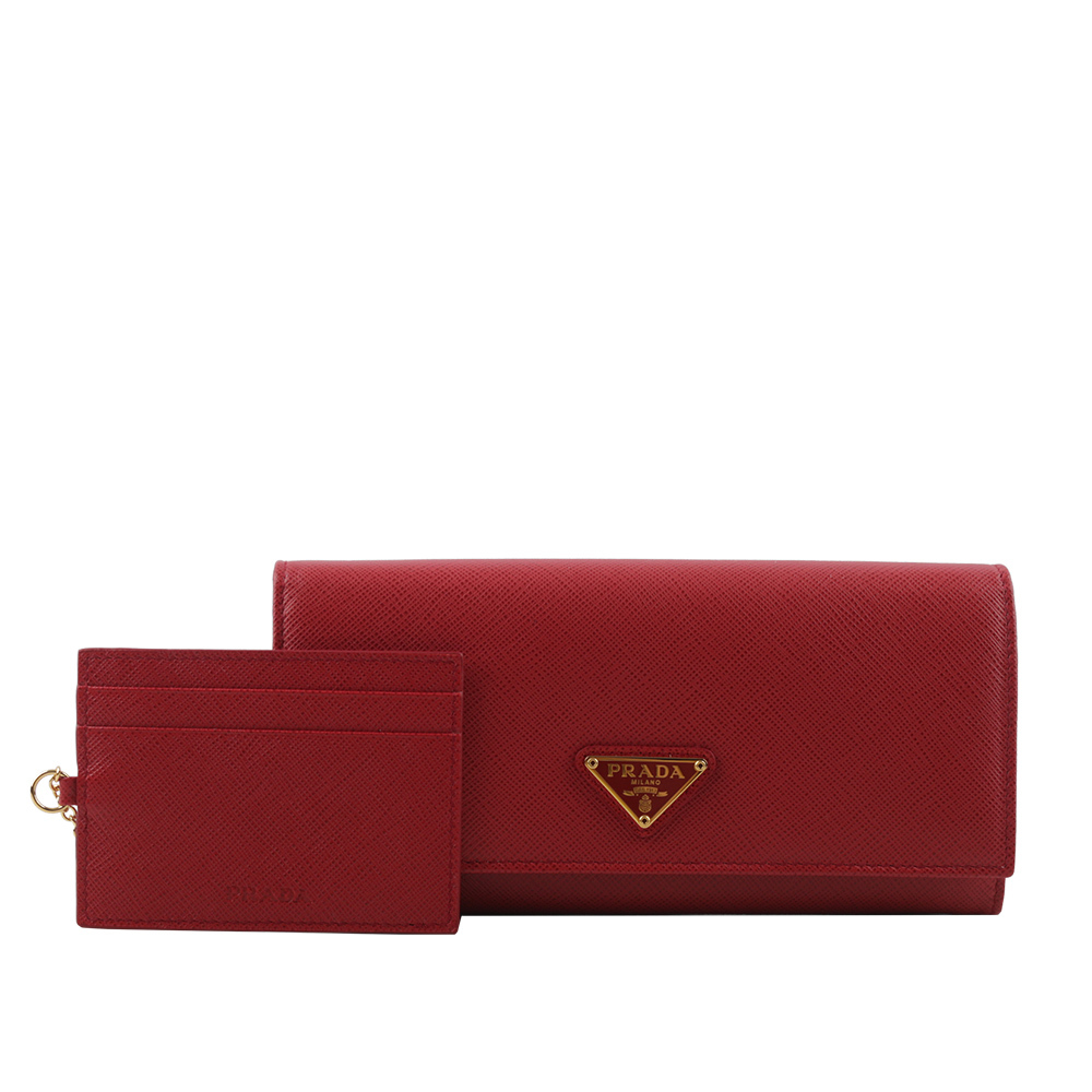 1MH132 QHH F068Z【PRADA】金字三角牌防刮牛皮雙釦對開長夾(火紅色) 1MH132 QHH F068Z