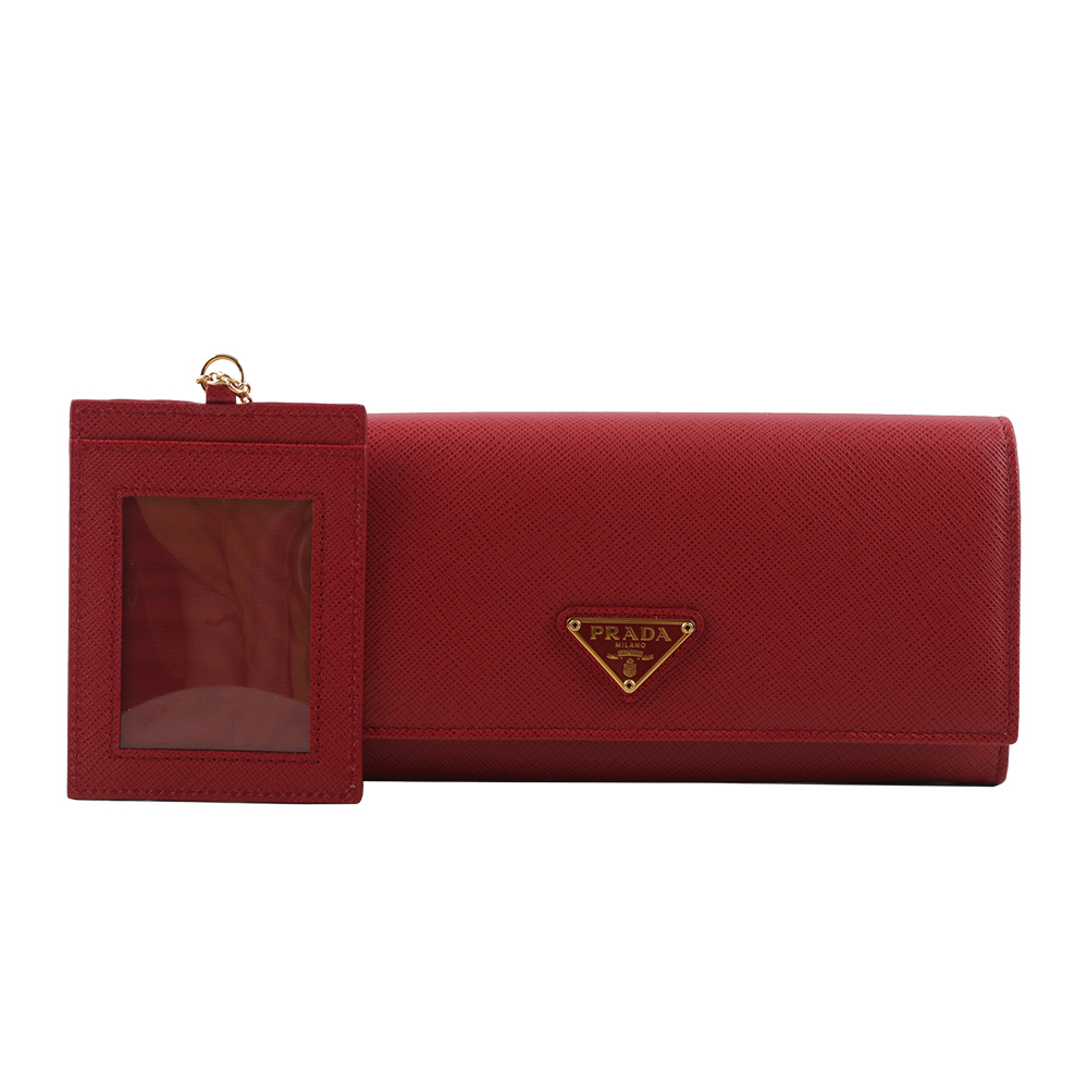 【PRADA】金字三角牌防刮牛皮雙釦對開長夾(火紅色) 1MH132 QHH F068Z