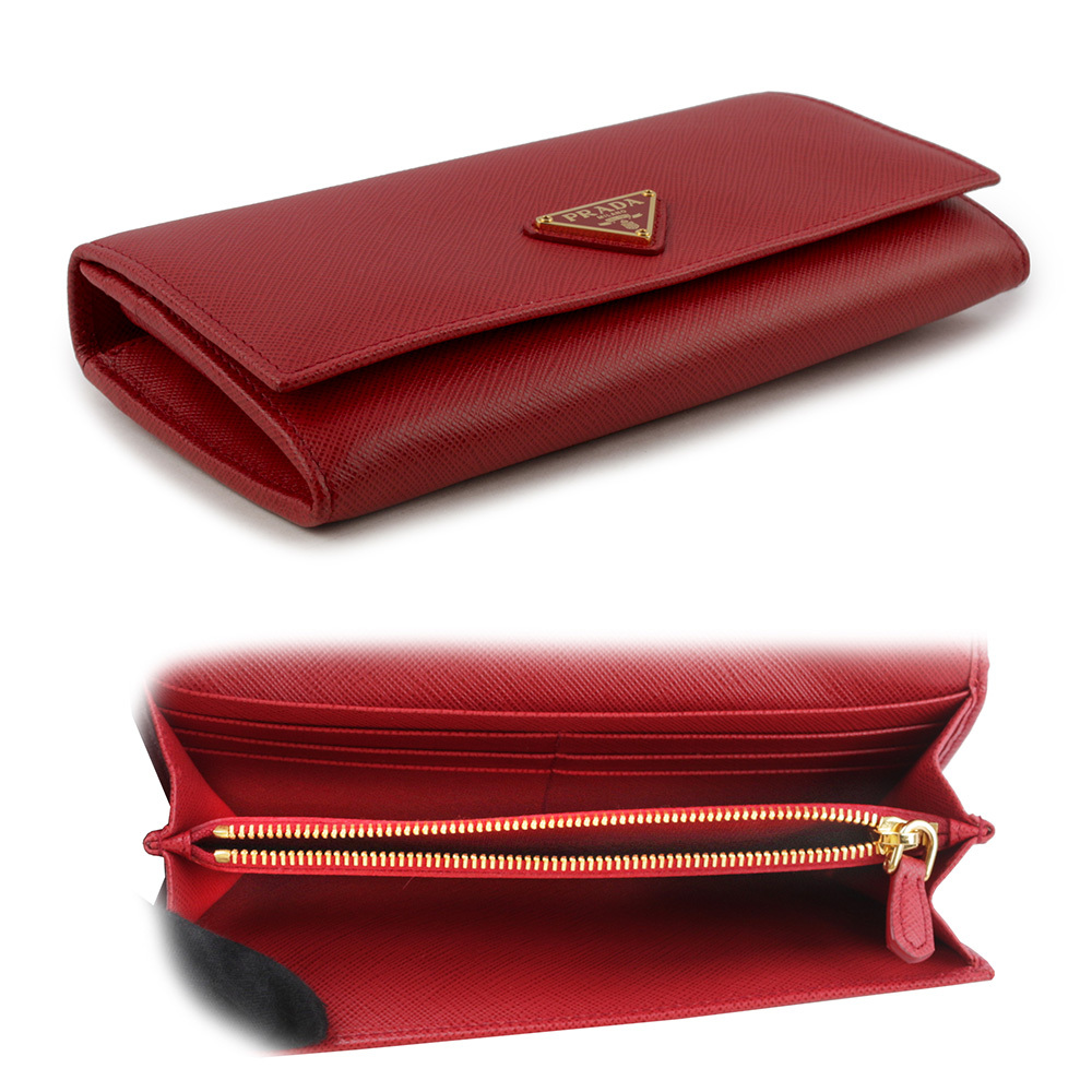 【PRADA】金字三角牌防刮牛皮雙釦對開長夾(火紅色) 1MH132 QHH F068Z