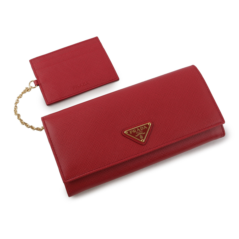 【PRADA】金字三角牌防刮牛皮雙釦對開長夾(火紅色) 1MH132 QHH F068Z