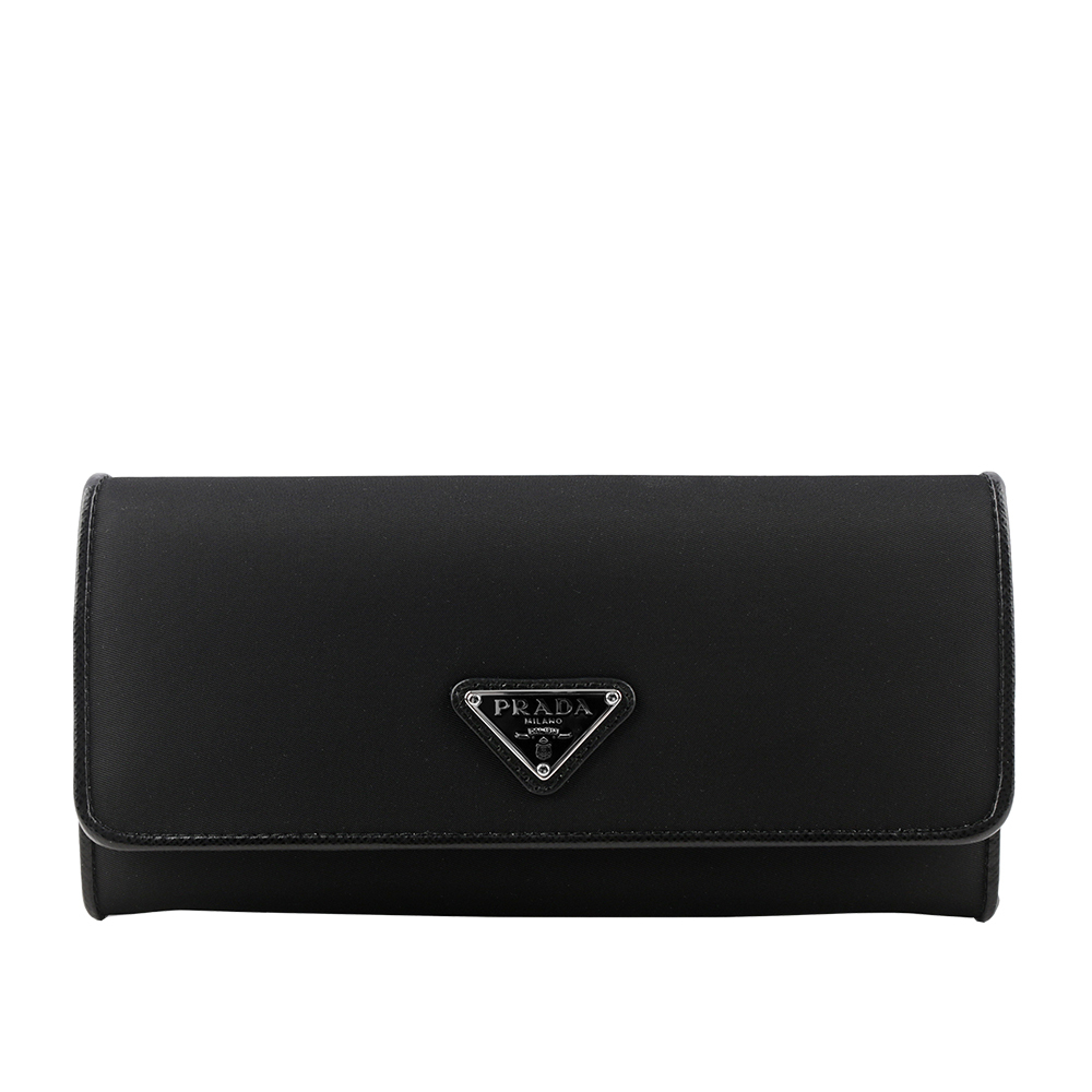 【PRADA】銀字三角牌尼龍雙釦對開長夾(黑色) 1MH132 UZ0 F0002