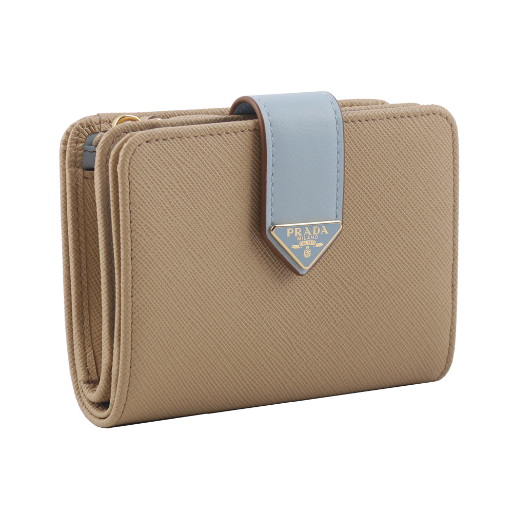 【PRADA】三角牌Logo 拼色防刮皮革拉鍊釦式厚款零錢短夾(天藍/奶茶色) 1ML018 2DYG F0TYG