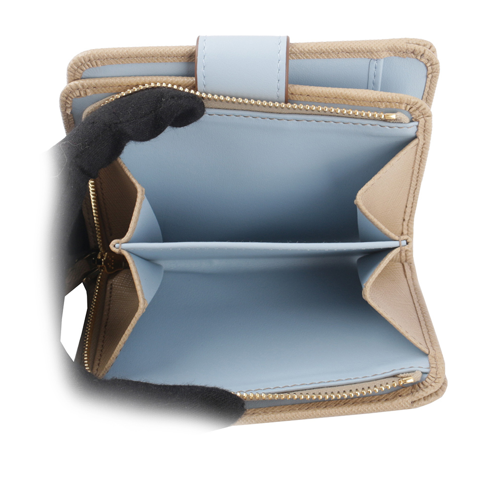 【PRADA】三角牌Logo 拼色防刮皮革拉鍊釦式厚款零錢短夾(天藍/奶茶色) 1ML018 2DYG F0TYG