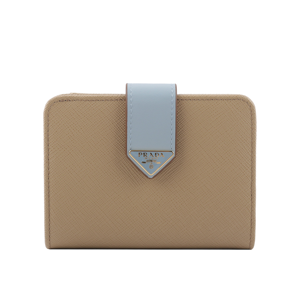 【PRADA】三角牌Logo 拼色防刮皮革拉鍊釦式厚款零錢短夾(天藍/奶茶色) 1ML018 2DYG F0TYG